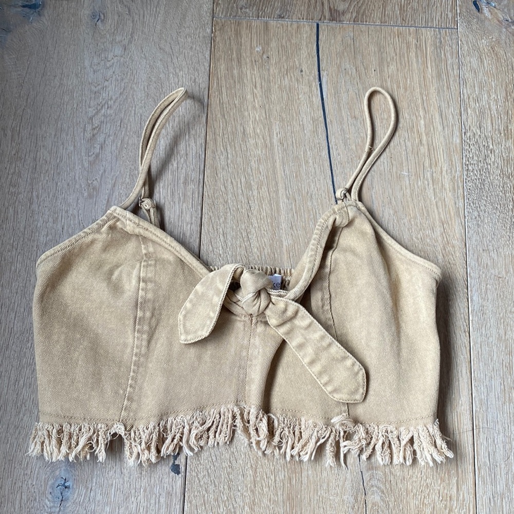 BOUTIQUE CROP TOP - tan denim-like with fringe bottom (s)